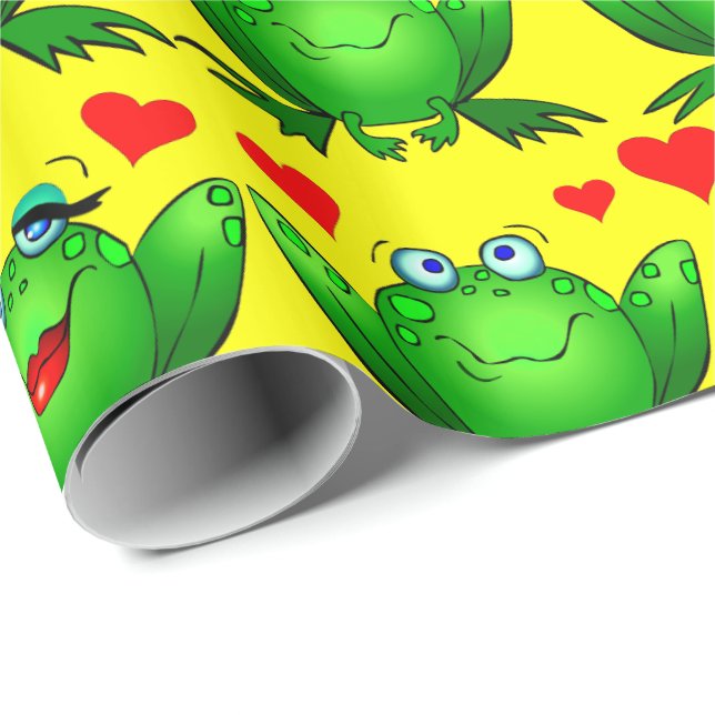 Niedliches grünes Cartoon-Frosch-Liebe-Herz-Gelb Geschenkpapier (Rolleneckpunkt)