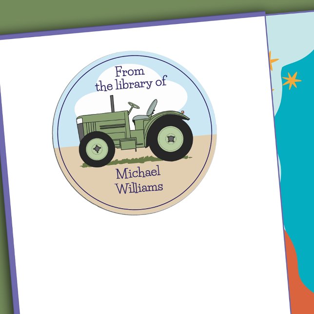 Niedliches grünes Farmtraktor, Personalisiertes Bu Runder Aufkleber (Cute Green Farm Tractor Personalized Bookplate)