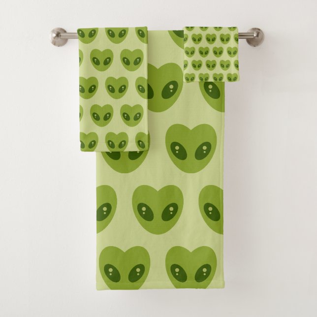 Niedliches Grünes Herz-Shaped Alien Kopfmuster Badhandtuch Set (Insitu)