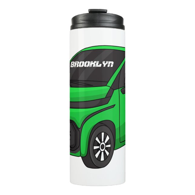 Niedliches grünes Kleinwagen Thermosbecher (Vorderseite)