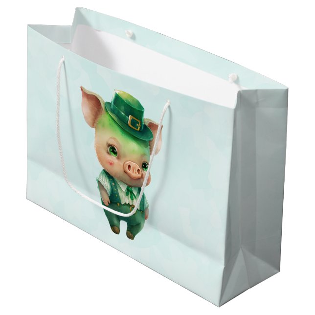 Niedliches grünes Märchenschwein in Extravaganter  Große Geschenktüte (Vorderseite Schrägansicht)
