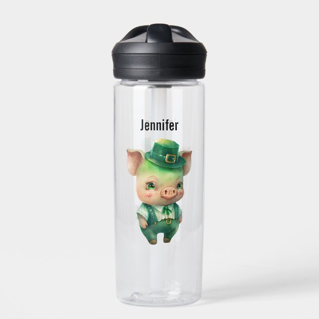 Niedliches grünes Märchenschwein in Extravaganter  Trinkflasche (Vorderseite)