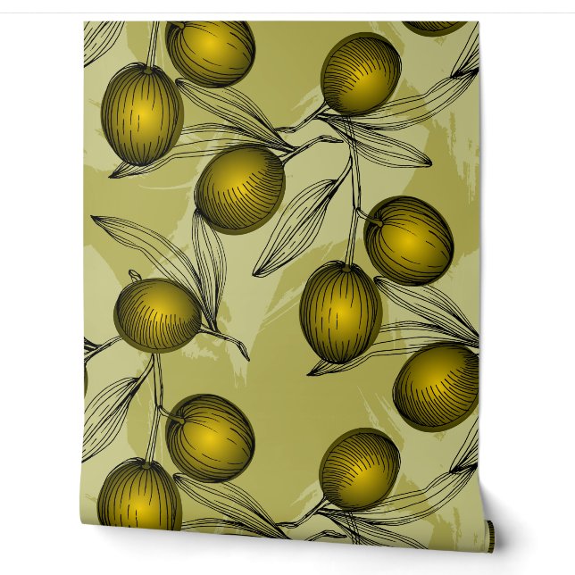Niedliches Grünes Olive Botanisches Gartenmuster Tapete (Abrollen)