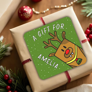 Niedliches grünes Reindeer Kid's Name Weihnachtsge Quadratischer Aufkleber