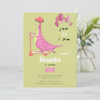 Niedliches grünes Rosa Dinosaur Scooter Girl Gebur Einladung