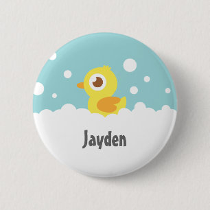Niedliches Gummiducky im Schaumbad scherzt Button