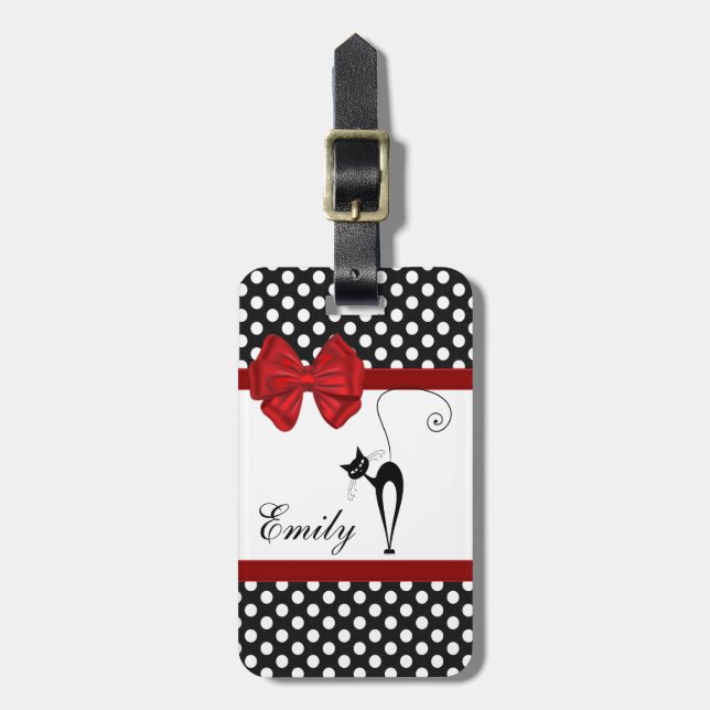 Niedliches, gürteliges, schwarzes Katzenpolka-Dots Gepäckanhänger (Vorderseite vertikal)
