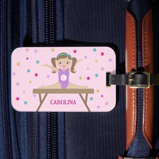 Niedliches Gymnast mit braunen Haaren und Glitzer  Gepäckanhänger (Vorderseite Insitu 4)