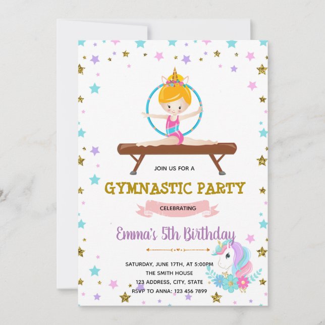 Niedliches Gymnastik Einhorn Party Einladung (Vorderseite)
