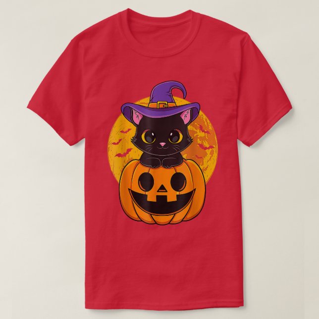 Niedliches Halloween Black Cat Hexenhut Pumpkin fü T-Shirt (Design vorne)