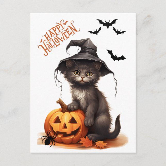 Niedliches Halloween Black Cat, Pumpkin and Spider Postkarte (Vorderseite)