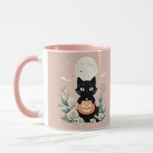 Niedliches Halloween Black Cat, Vollmond und Kürbi Tasse