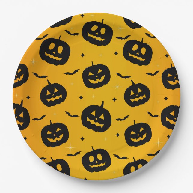 Niedliches Halloween Black Pumpkins & Bats-Muster Pappteller (Vorderseite)