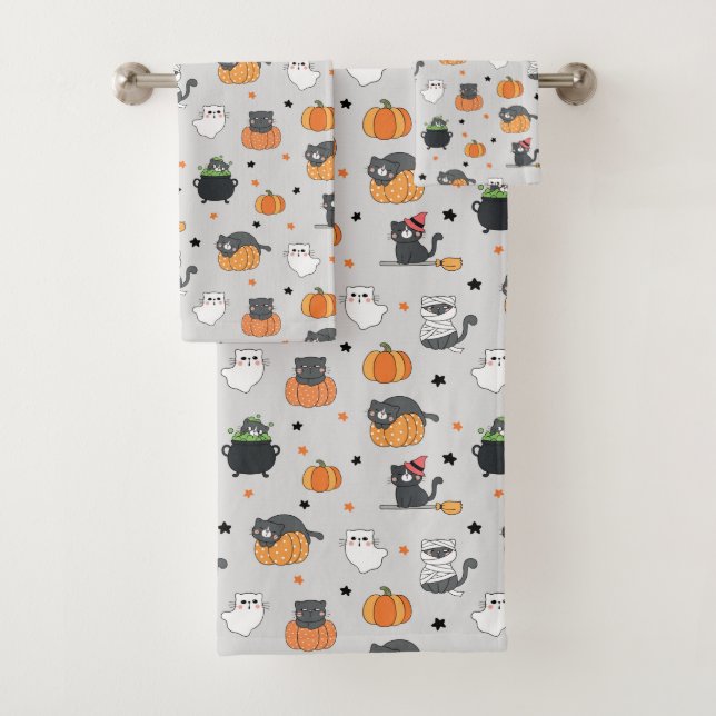 Niedliches Halloween-Cats- und Geistermuster Badhandtuch Set (Insitu)