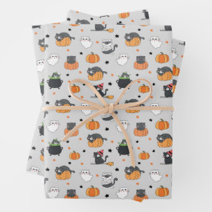 Niedliches Halloween-Cats- und Geistermuster Geschenkpapier Set