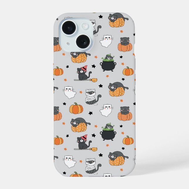 Niedliches Halloween-Cats- und Geistermuster iPhone 15 Hülle (Rückseite)