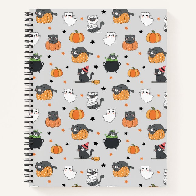 Niedliches Halloween-Cats- und Geistermuster Notizbuch (Vorderseite)