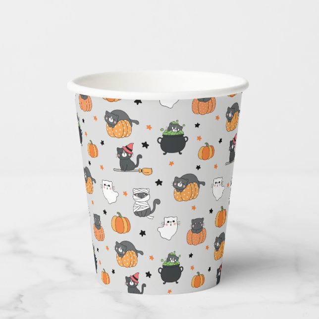 Niedliches Halloween-Cats- und Geistermuster Pappbecher (Vorderseite)