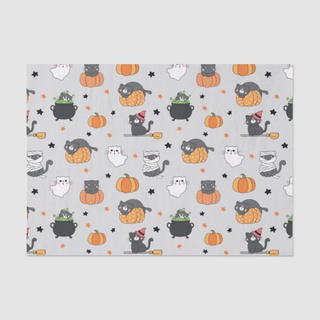 Niedliches Halloween-Cats- und Geistermuster Seidenpapier (Vorderseite)