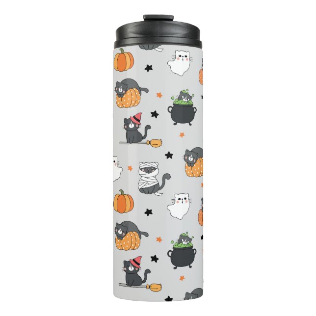 Niedliches Halloween-Cats- und Geistermuster Thermosbecher (Vorderseite)