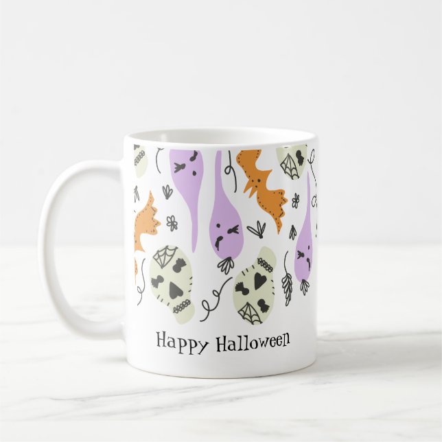 Niedliches Halloween Doodles Pumpkin Skull Bat Kaffeetasse (Links)