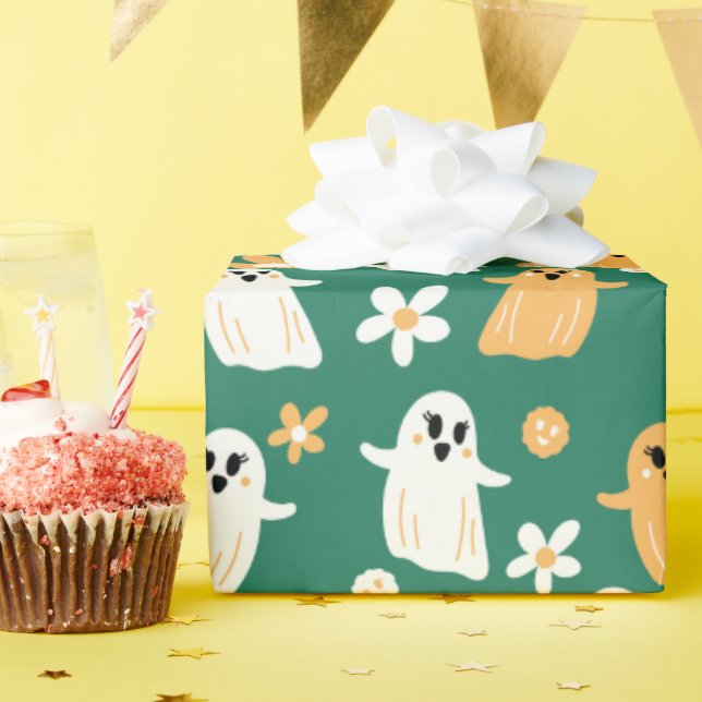 Niedliches Halloween-Ghost-Blumenmuster Geschenkpapier (Geburtstagsparty)
