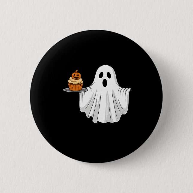Niedliches Halloween Ghost Holding Pumpkin Cupcake Button (Vorderseite)