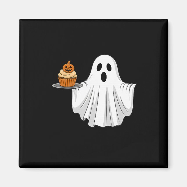 Niedliches Halloween Ghost Holding Pumpkin Cupcake Magnet (Vorne)