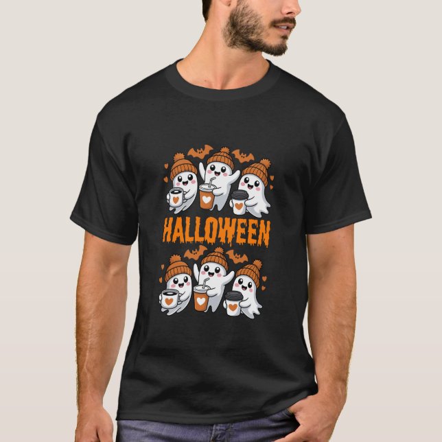 Niedliches Halloween-Ghost-Kaffeedesign T-Shirt (Vorderseite)
