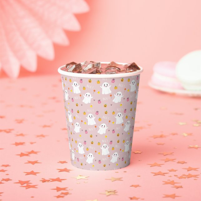 Niedliches Halloween-Ghost-Muster Pink-Papier-Cup Pappbecher (Insitu)