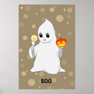 Niedliches Halloween Ghost & Pumpkin auf Beige Poster