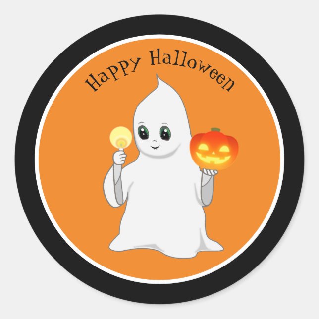 Niedliches Halloween-Ghost & Pumpkin auf Orange Runder Aufkleber (Vorderseite)
