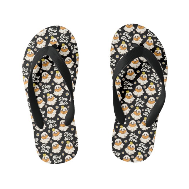 Niedliches Halloween Ghost Retro Spooky Boo Black Kinderbadesandalen (Fußbett)