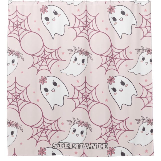 Niedliches Halloween Ghost & Spiderweb Muster (2) Duschvorhang (Vorderseite)