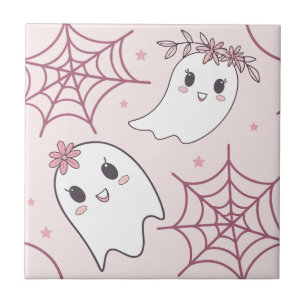 Niedliches Halloween Ghost & Spiderweb Muster (2) Fliese