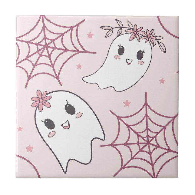 Niedliches Halloween Ghost & Spiderweb Muster (2) Fliese (Vorderseite)