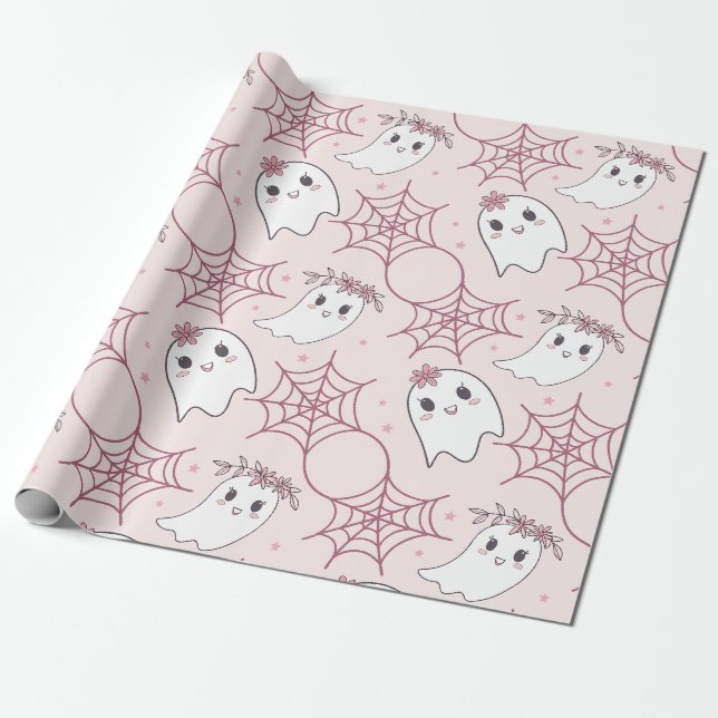 Niedliches Halloween Ghost & Spiderweb Muster (2) Geschenkpapier (Ungerollt)