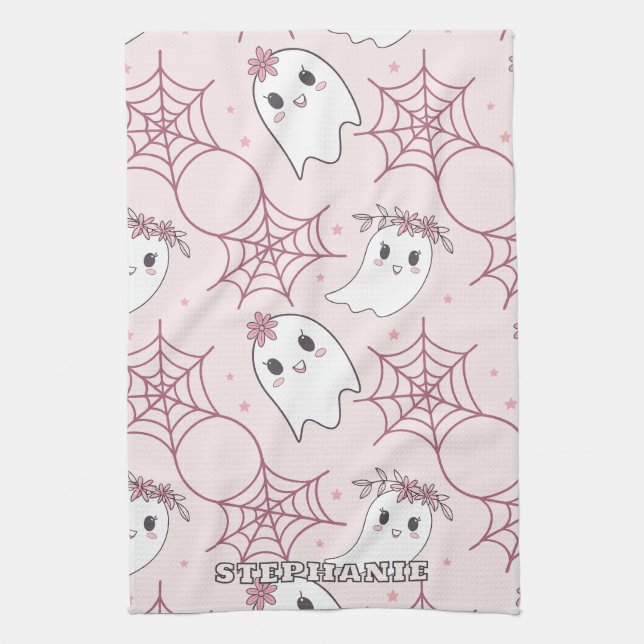 Niedliches Halloween Ghost & Spiderweb Muster (2) Geschirrtuch (Vertikal)