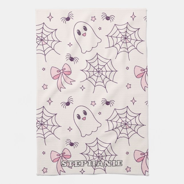 Niedliches Halloween Ghost & Spiderweb Muster Geschirrtuch (Vertikal)