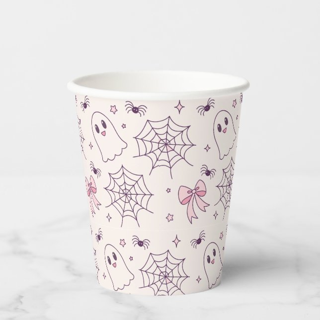 Niedliches Halloween Ghost & Spiderweb Muster Pappbecher (Vorderseite)