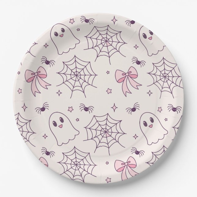 Niedliches Halloween Ghost & Spiderweb Muster Pappteller (Vorderseite)