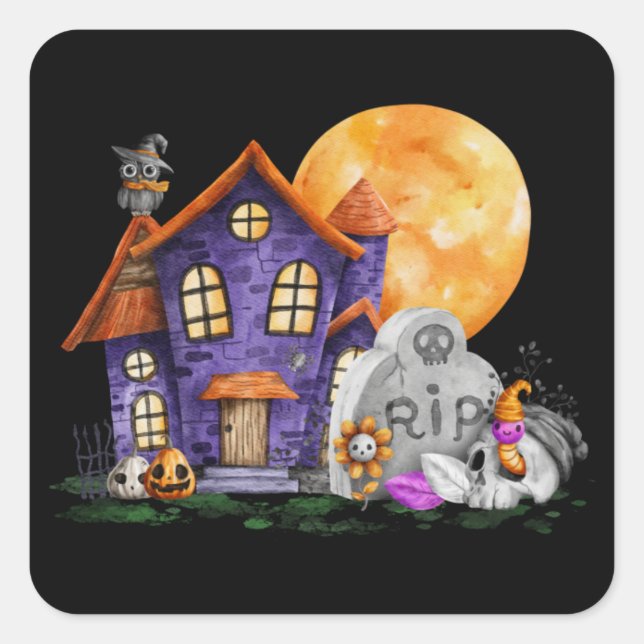Niedliches Halloween-Haus Quadratischer Aufkleber (Vorderseite)