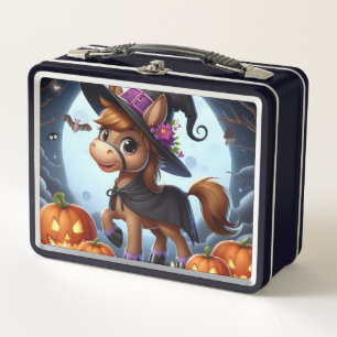 Niedliches Halloween-/Herbstpferd, Fledermaus und Metall Brotdose