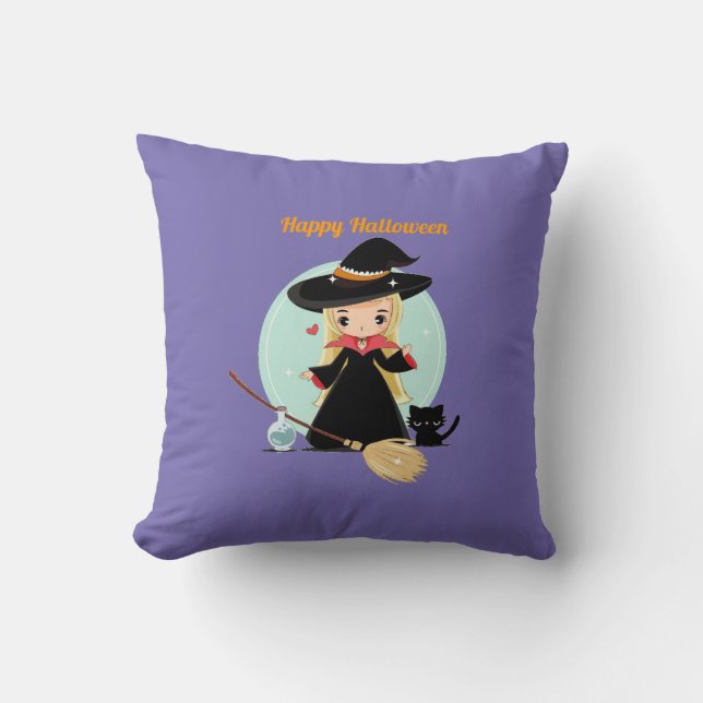 Niedliches Halloween Hexe und Kitty Kissen (Vorderseite)