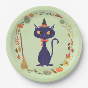 Niedliches Halloween Hexenkatze Green Pappteller