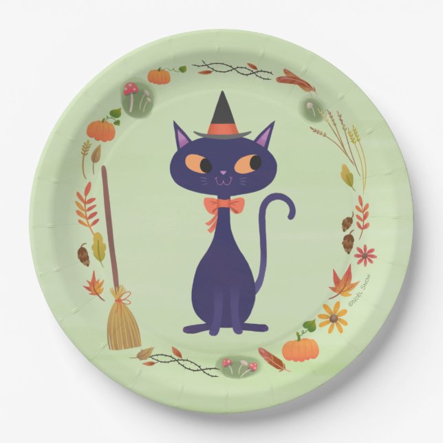 Niedliches Halloween Hexenkatze Green Pappteller (Vorderseite)