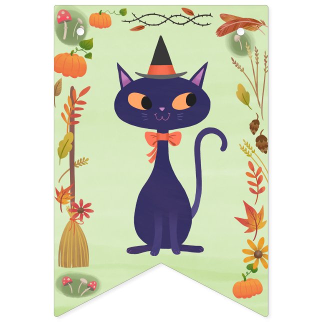 Niedliches Halloween Hexenkatze Green Wimpelkette (Zweite Fahne)