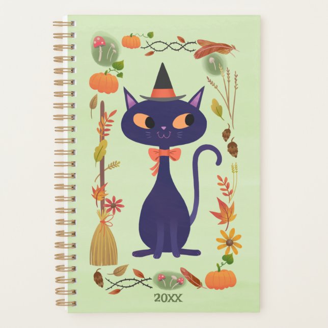 Niedliches Halloween Hexenkatze Planer (Vorderseite)