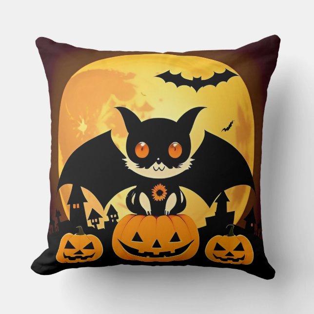 Niedliches Halloween-Katzenzeichen mit Pumpkins Kissen (Vorderseite)