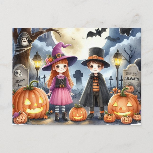 Niedliches Halloween Kids Watercolor Postkarte (Vorderseite)